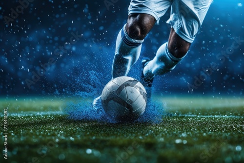 Close Up Football or Soccer Player Foot Playing With the Ball in Stadium. Generative AI.
