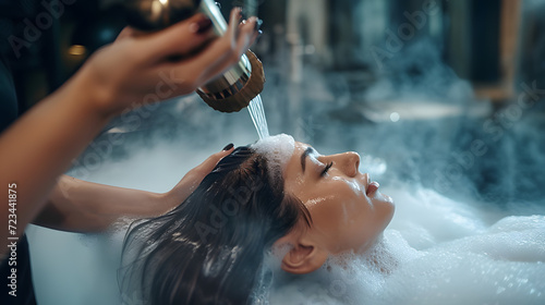 Professional stylist worker or hairdresser is washing customer hair with shampoo and water at professional sink in beauty salon or barber shop. Hair care concept photo