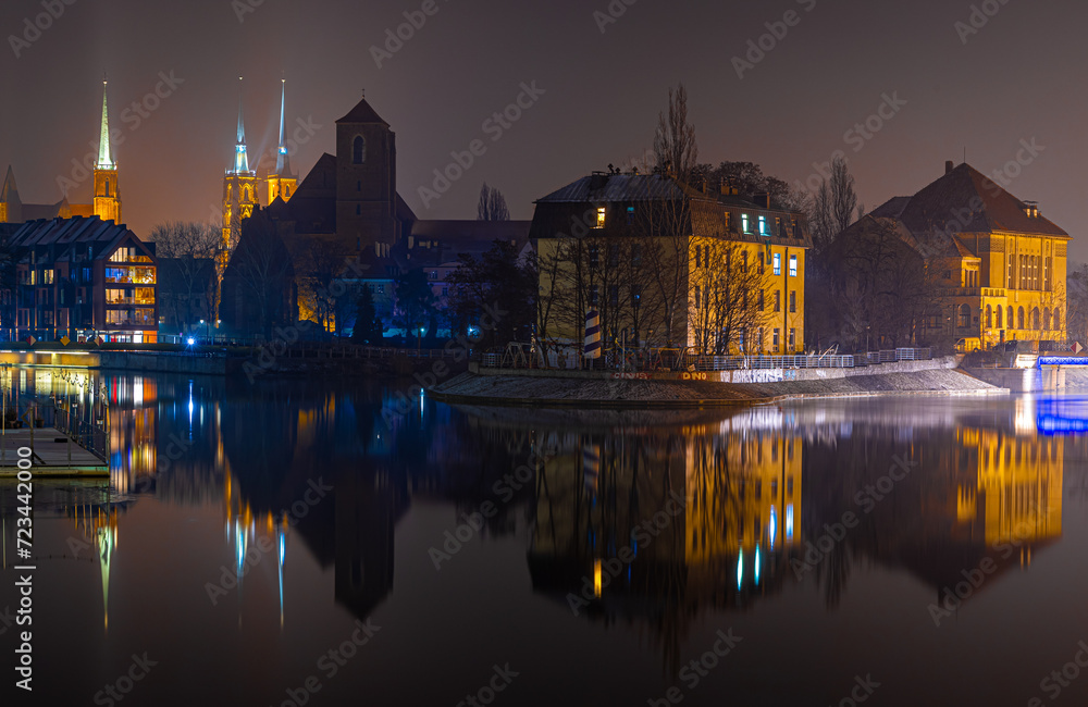 View of Tumski island in Wroclaw in the night, Poland