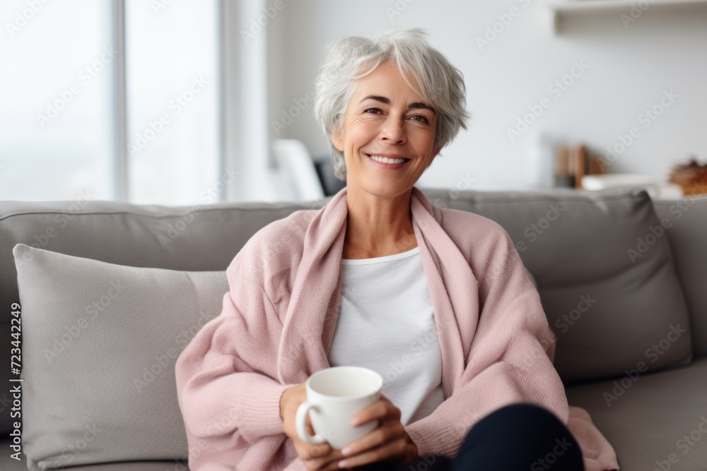Charming Elderly Lady, with a Joyful Smile, Elegant Home Comfort Charming Elderly Lady, with a Joyful Smile, Elegant Home Comfort