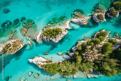 Top view aerial Drone shot of crystal clear rapids of Soca river in Slovenia photo