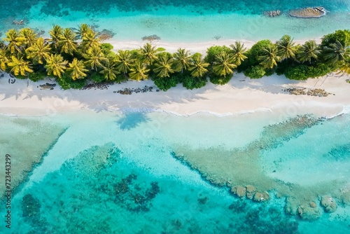 Top view aerial drone shot of beautiful white sand beach with green coconut trees and crystal clear sea water in summer