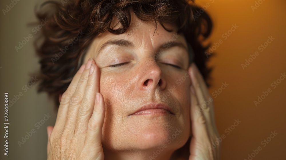A middleaged woman with autism her face relaxed and content as she engages in her favorite sensory activity. A middleaged woman with autism her face relaxed and content as she engages in her favorite sensory activity.