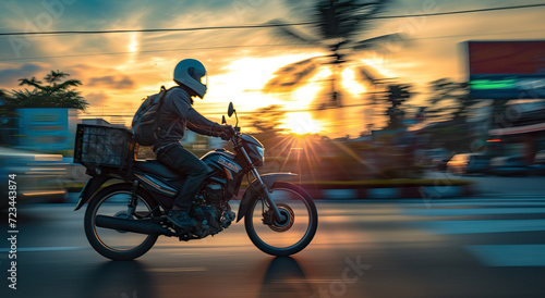 Delivery motoboy speeding at sunset. City       biker.