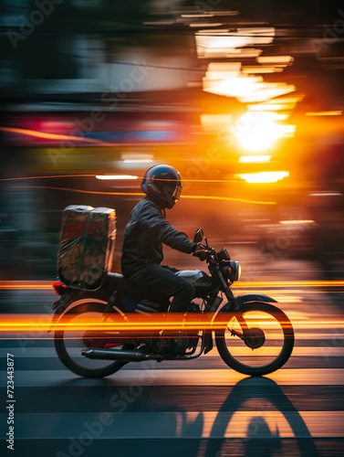 Delivery motoboy speeding at sunset. City ​​biker.