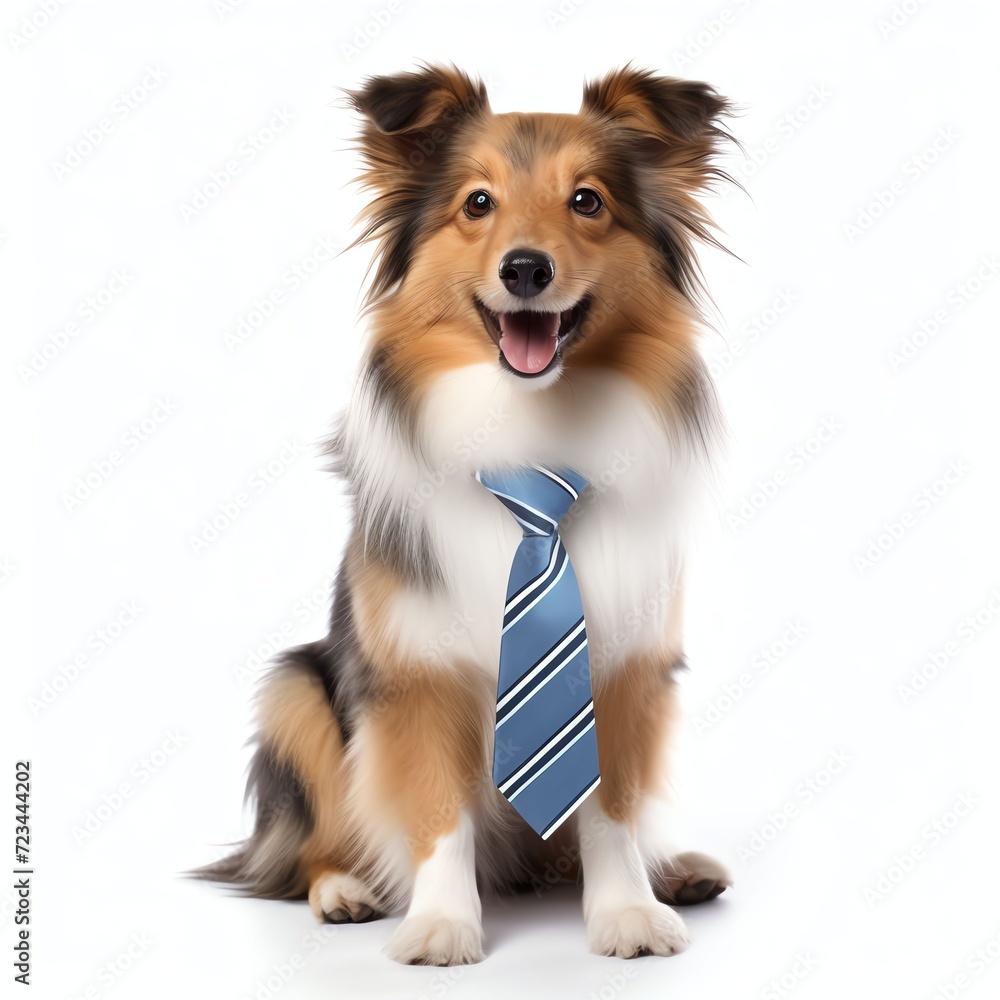 a shetland dog sitting with a tie, studio light , isolated on white background