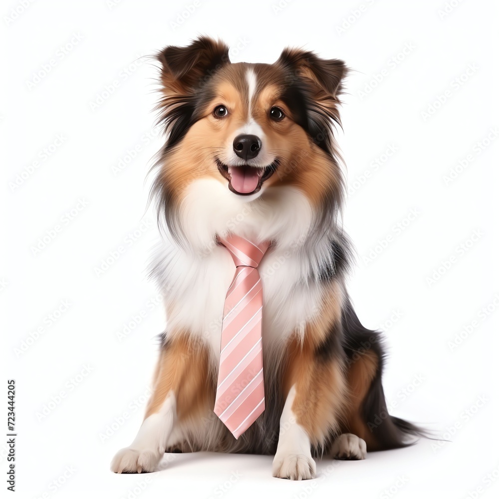 a shetland dog sitting with a tie, studio light , isolated on white background