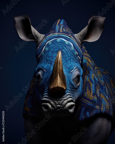 A rhino with a blue and gold patterned coat. Generative AI.