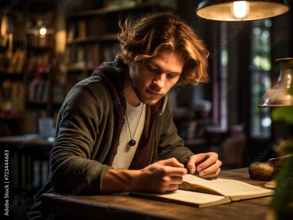 A man is writing in a book in a library. Generative AI. A man is writing in a book in a library. Generative AI.
