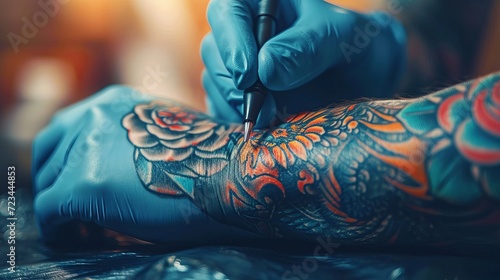 Close up of skilled tattoo artist meticulously crafting a stunning design on a man s hand