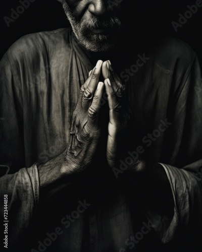 An old man praying in black and white. Generative AI.