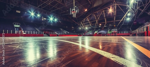 Spacious empty indoor basketball court with copy space   panoramic horizontal wallpaper © Andrei