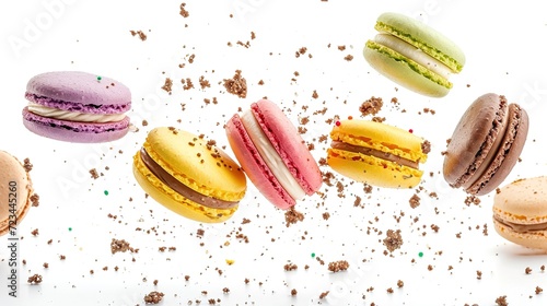 Sweet macaroons macarons with crumbs falling flying isolated on white background. photo