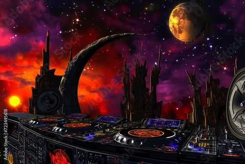 Astronaut dj throws intergalactic party on mars with futuristic dj console and laser lights