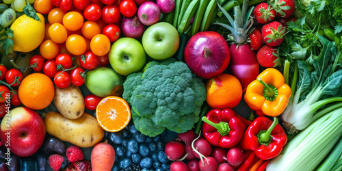 Fresh fruit and vegetable medley  a vibrant health background featuring an assortment of fresh fruits and vegetables arranged in a colorful and nutritious display.