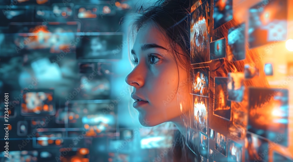 woman amidst negative news, feelings of despair: news bringing gloom, living in a world of bad news, in fear and uncertainty woman amidst negative news, feelings of despair: news bringing gloom, living in a world of bad news, in fear and uncertainty