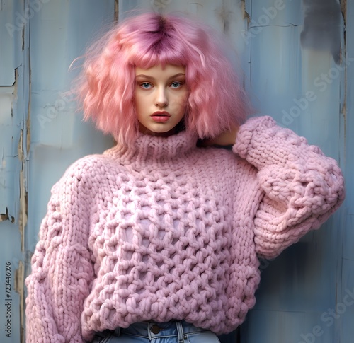 model in a knitted pink sweater and pink hair 