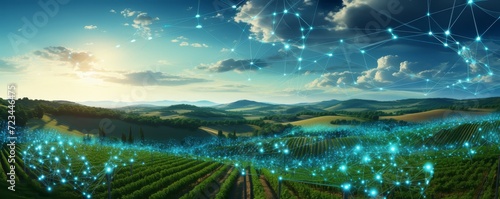 Modern farm field covered in vines and lines of data at night