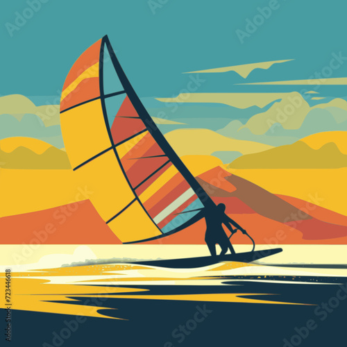 Wind Surfing. In the style of a flat minimalist colors SVG vector