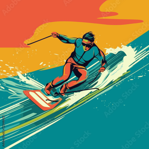 Water Skiing. In the style of a flat minimalist colors SVG vector