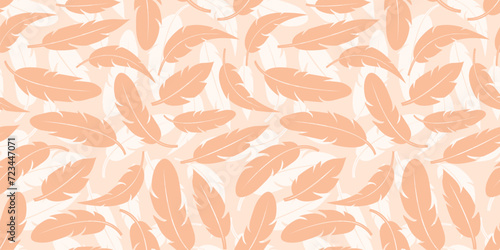 Feather seamless pattern  peach fuzz background  abstract boho print  feather bird texture. Vector pastel illustration