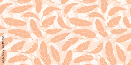 Feather seamless pattern, peach fuzz background, abstract boho print, feather bird texture. Vector pastel illustration