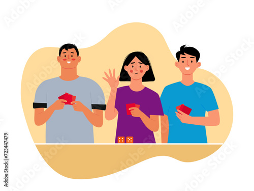 Three teenager were playing cards. Games vector illustrations.