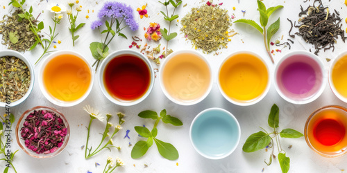 Herbal tea assortment, a calming health background showcasing a variety of herbal teas in beautifully arranged cups, creating a cozy and tea-inspired scene.
