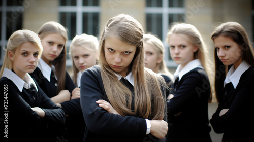 Group of mean school girls social bullying an outsider photo