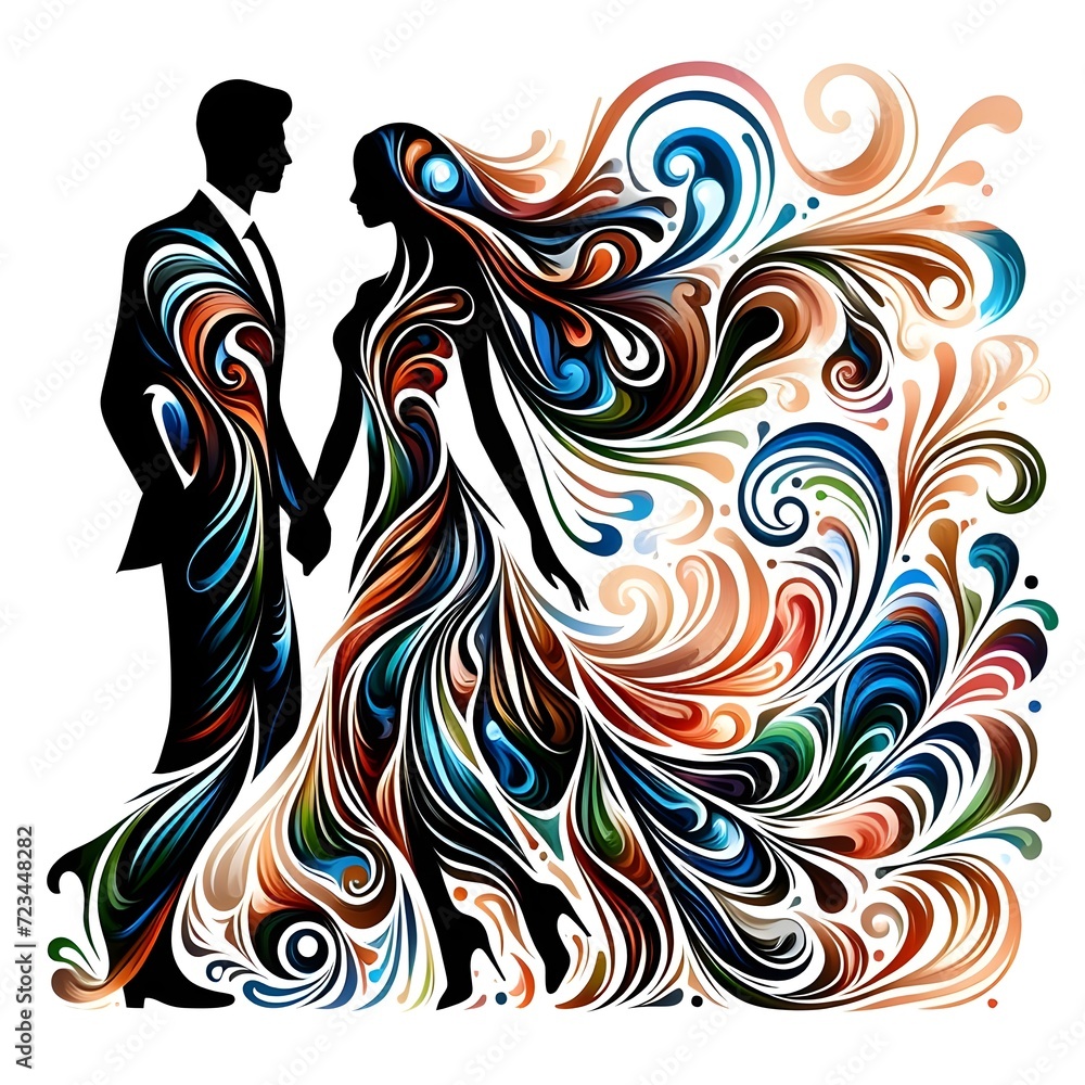 Silhouette of a loving couple on a colorful floral background. 
Love, Heart and Flame, Clipart, Wall Art, Heart Shaped, Digital Download, Lovers Silhouettes, Home Decor, Fire Magic, Valentine's Day.

