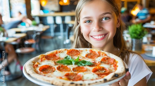 Cheerful preteen enjoying pizza in restaurant with blurred background and copy space