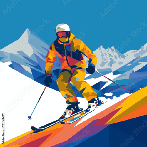 Skiing. In the style of a flat minimalist colors SVG vector