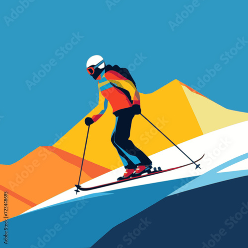 Skiing. In the style of a flat minimalist colors SVG vector