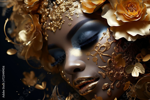 Woman face with golden glittering decorations and yellow flowers on black background. © Jminka
