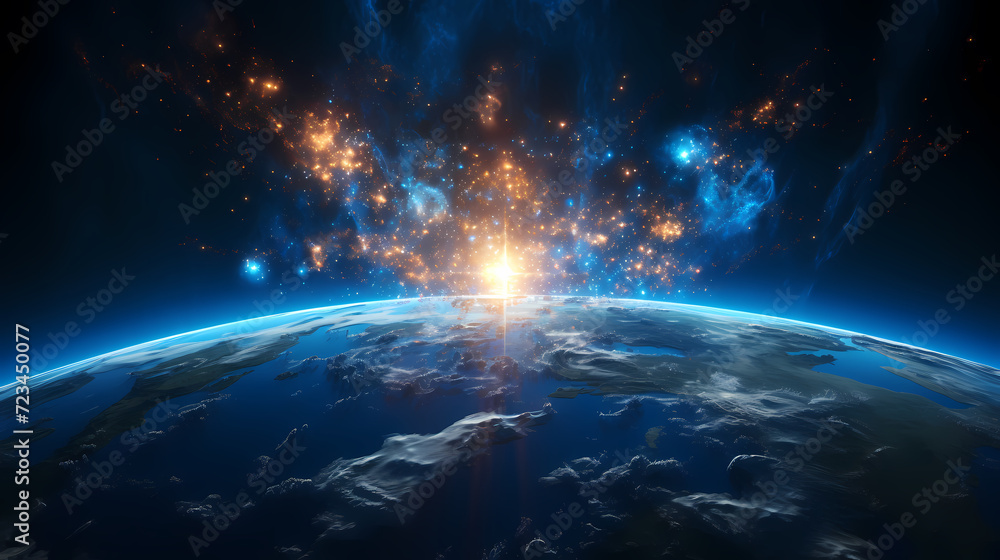 Fototapeta premium Earth in the cosmic sky, abstract space background of a planet in the universe