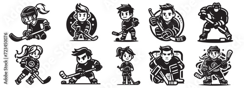 Boys and girls play ice hockey, black and white vector characters