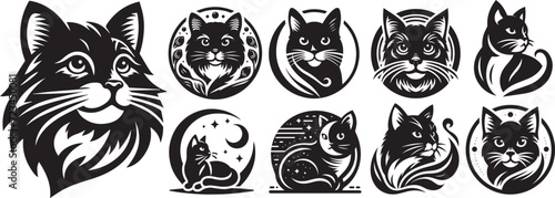 Black cats, decorative round collection set of black and white vectors