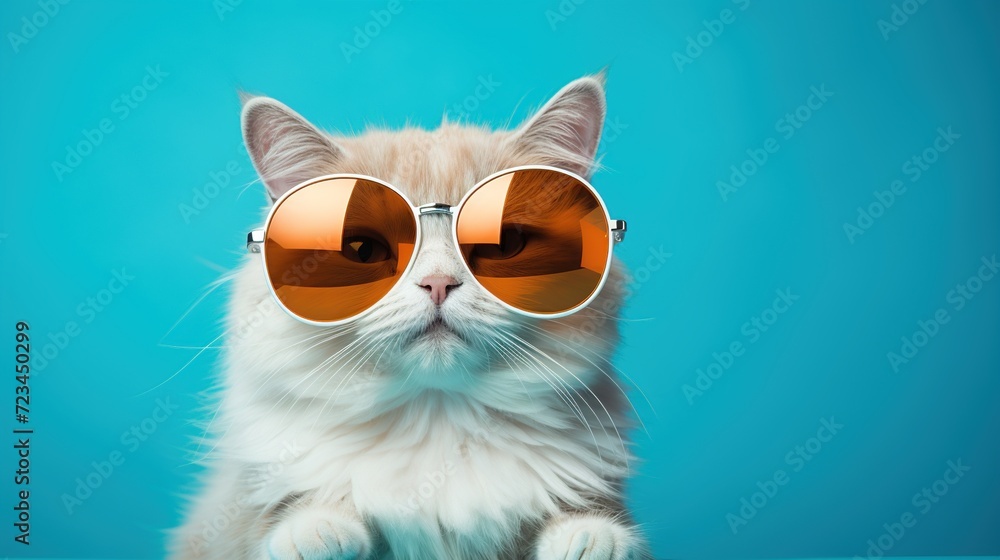 Close-up portrait of a white cute cat wearing orange glasses isolated on aqua color. With copy space.