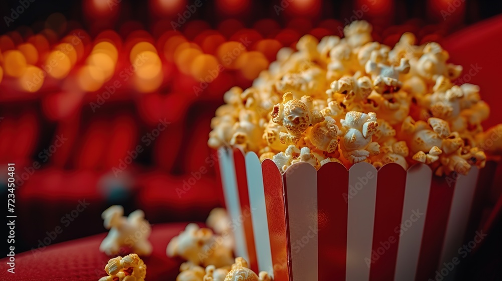 A striped popcorn box in the cinema against the background of red seats. A striped popcorn box in the cinema against the background of red seats.