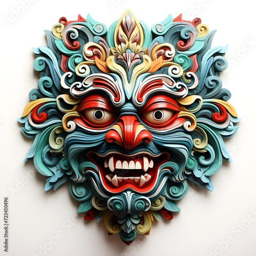 Mask design in traditional balinese motifs, indian mask, colorful cartoon, dynamic and exaggerated facial expressions on white background photo