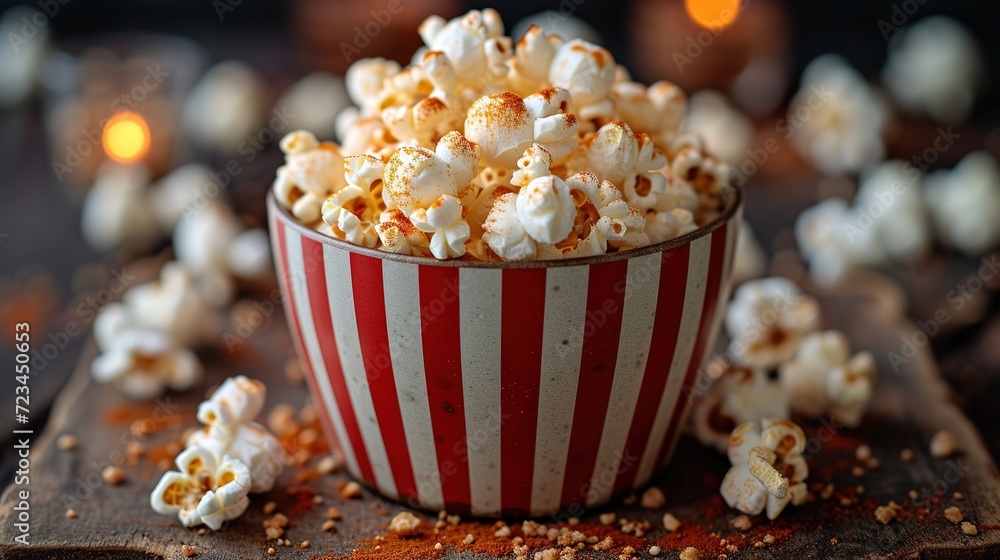 Striped bowl of popcorn on an old wooden background. A box of salty or sweet popcorn on a dark background. Striped bowl of popcorn on an old wooden background. A box of salty or sweet popcorn on a dark background.