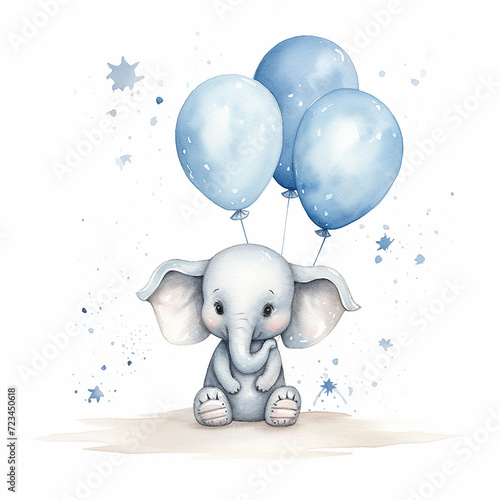 Light blue cute little elephant floating in the air with balloons. Baby Boy Newborn or baptism invitation. children's book illustration style on white background