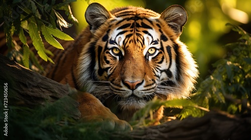 closeup In the stillness of the forest, a young tiger crouches under the trees in forest, bathed in the morning light.