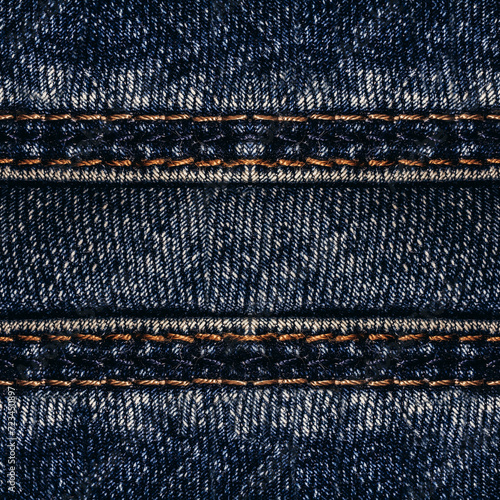Seamless texture photo of worn horizontal blue stitched denim or jeans material.