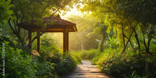 Relaxing nature retreat, a health background showcasing a tranquil nature retreat with lush greenery, creating a serene and rejuvenating scene for wellness retreats.
