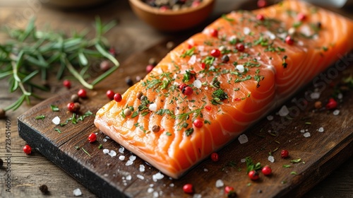 Salmon. Fresh raw salmon fish fillet with cooking ingredients, herbs and lemon on black background, top view photo