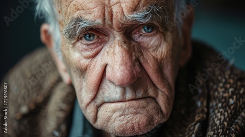 Closeup portrait of an elderly man his eyes drooping with exhaustion and his shoulders slumped. The years of hard work have taken a toll on him.
