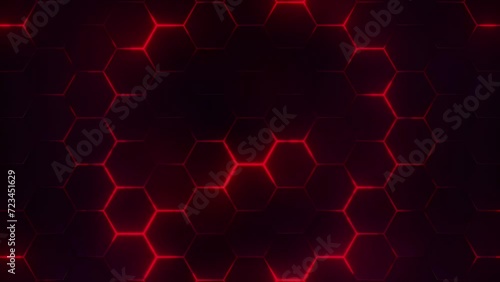 Futuristic hexagons honeycomb cyberspace surface, 4k Abstract Trendy Technology Background with glowing red neon lights moving waves, looping animation
 photo