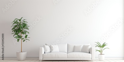 Minimalist white living room with white leather sofa, abundant sunlight, and a solitary potted plant.