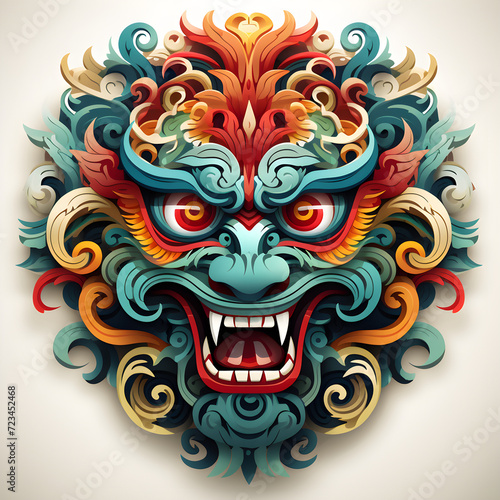 Mask design in traditional balinese motifs, indian mask, colorful cartoon, dynamic and exaggerated facial expressions on white background photo